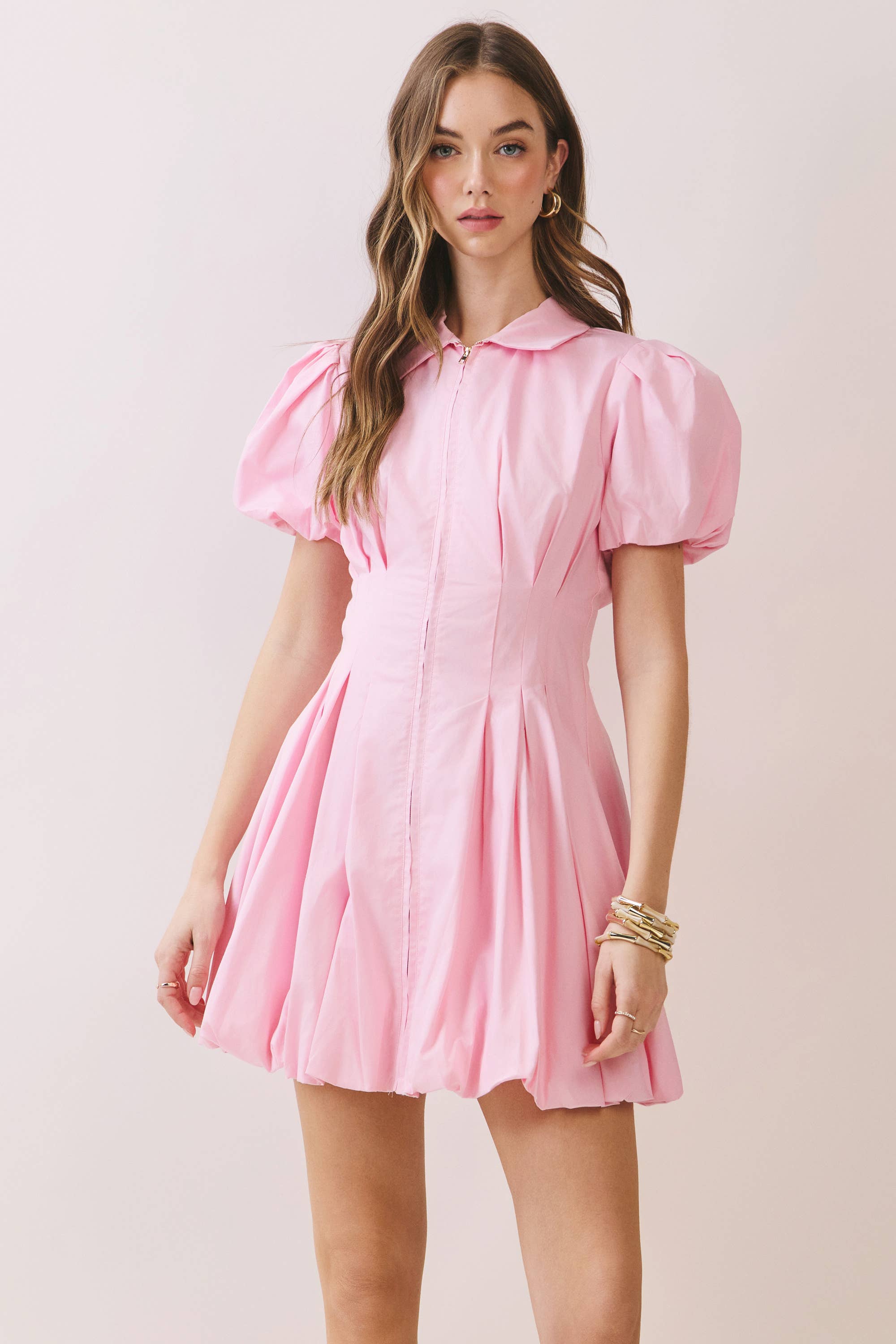 Baby Pink Fit and Flare Zipper Front Bubble Sleeves Dress
