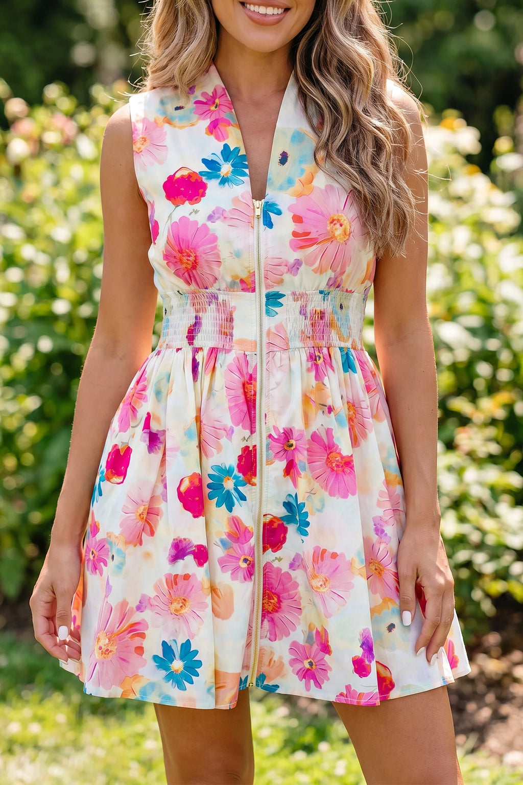Pink Floral Print V-Neck Zip Up Smocked Waist Flared Mini Dress