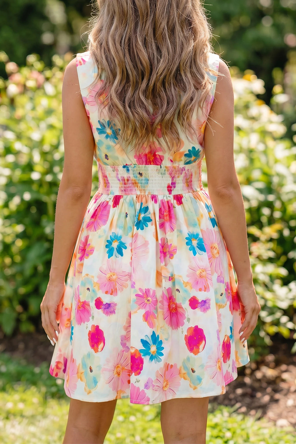 Pink Floral Print V-Neck Zip Up Smocked Waist Flared Mini Dress