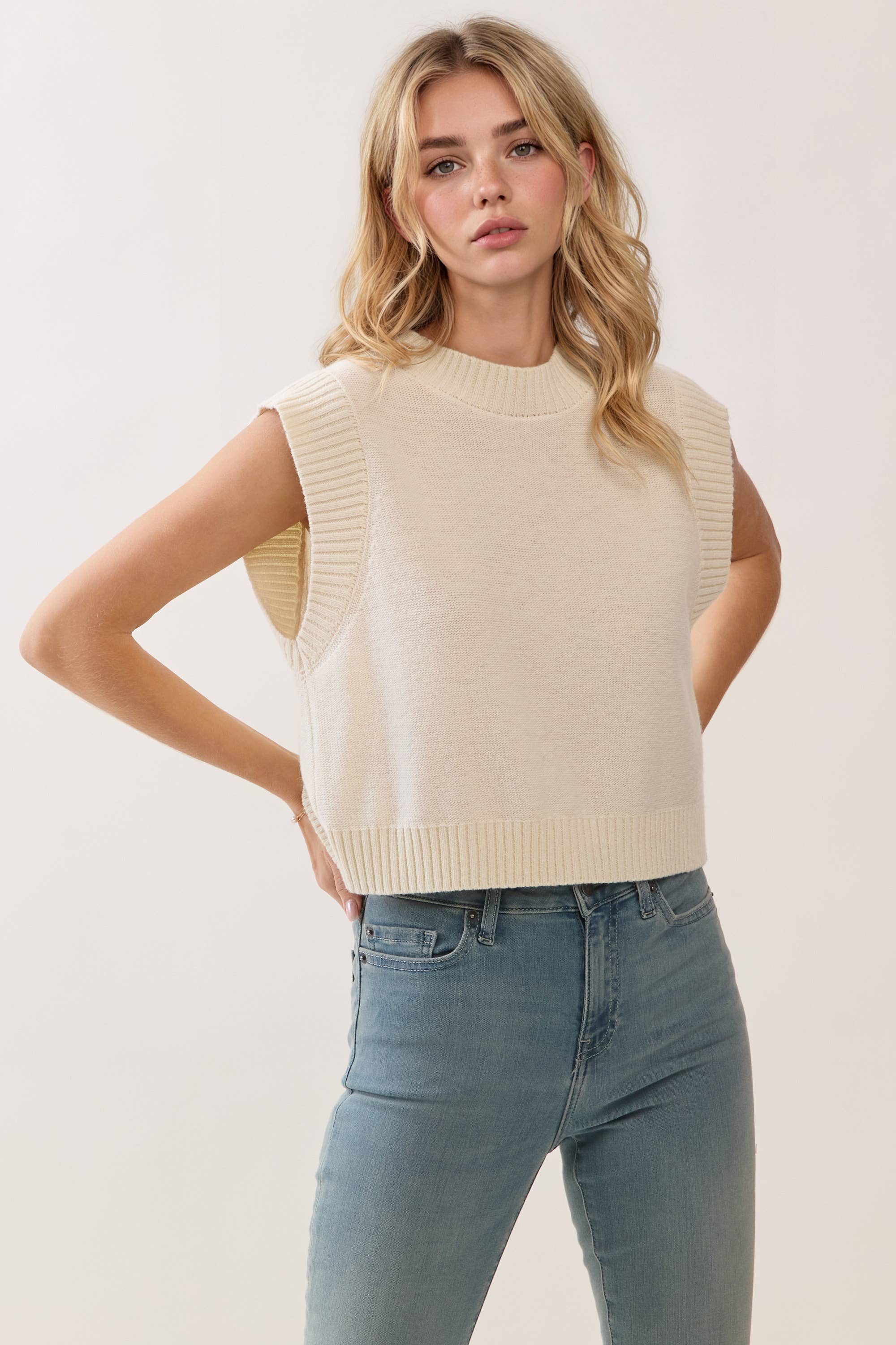 Cream Soft Knit Open-Back Vest with Ribbed Edge Detail