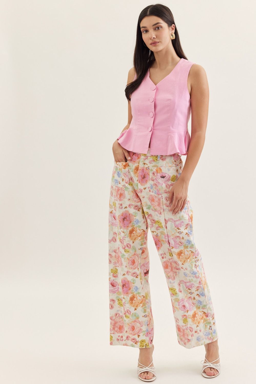 Entro | Botanical Print Wide Leg Pants with Patch Pockets