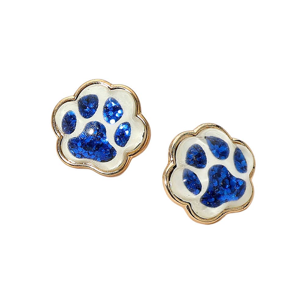 Glitter Paw Print GameDay Stud Earrings: Blue,White