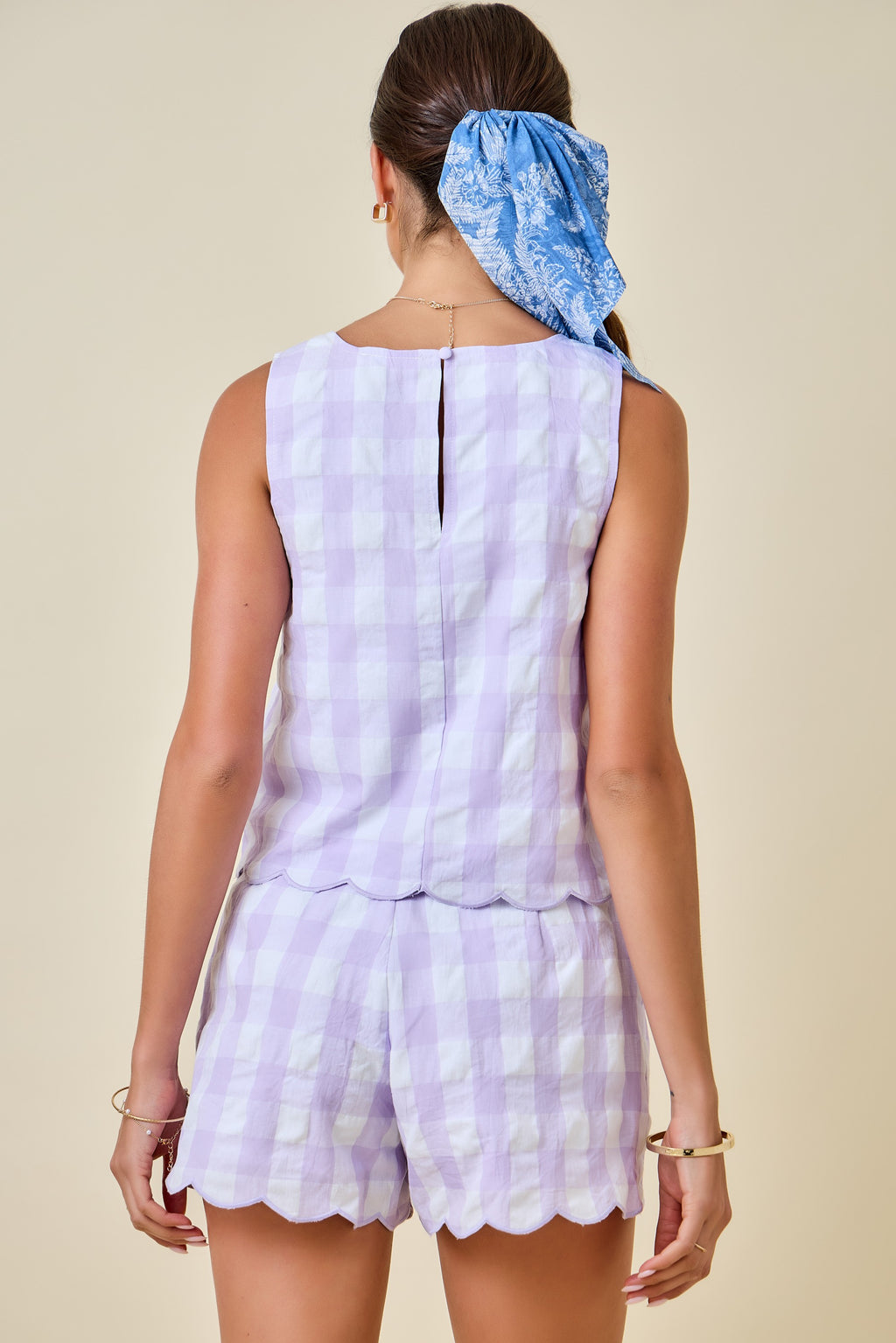 Day + Moon Women's Sleeveless Gingham Top & High-Waisted Gingham Shorts Set with Scallop Hem - Light Purple