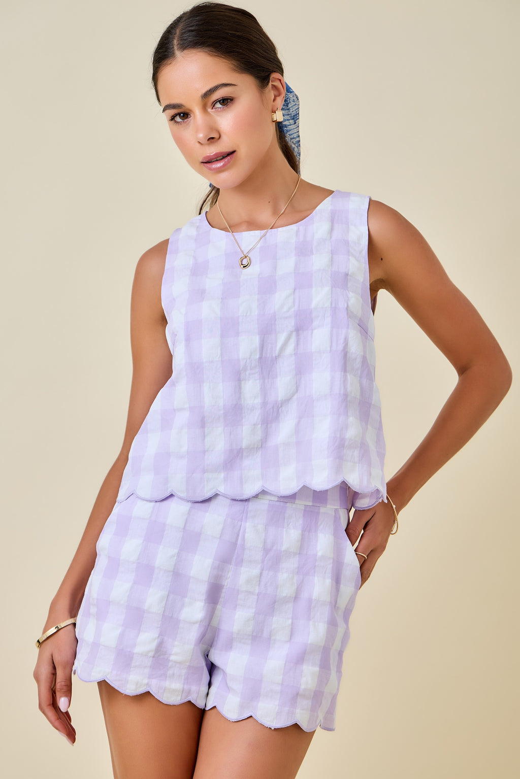 Day + Moon Women's Sleeveless Gingham Top & High-Waisted Gingham Shorts Set with Scallop Hem - Light Purple
