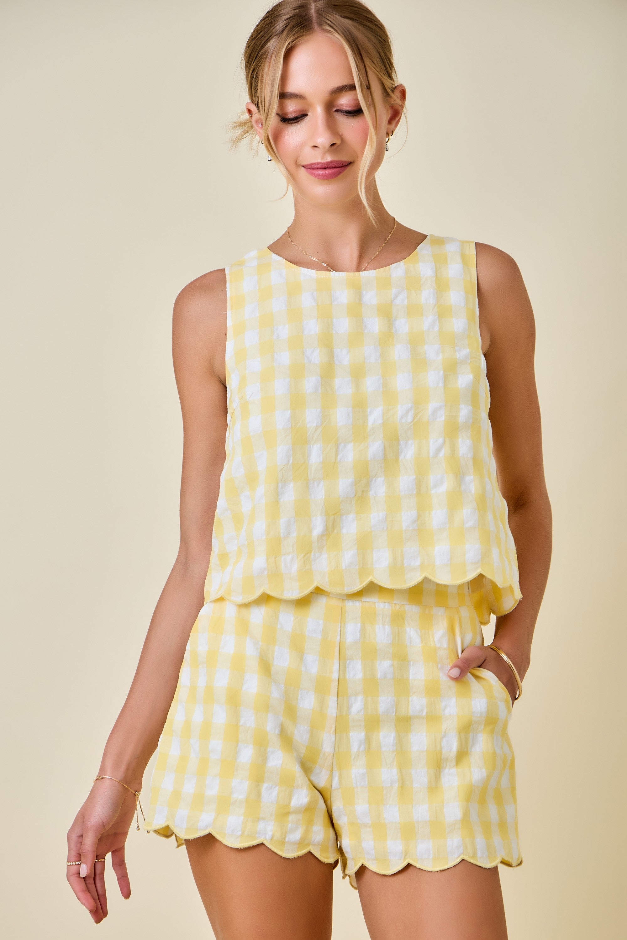 Day + Moon Women's Sleeveless Gingham Top & High-Waisted Gingham Shorts Set with Scallop Hem - Light Yellow