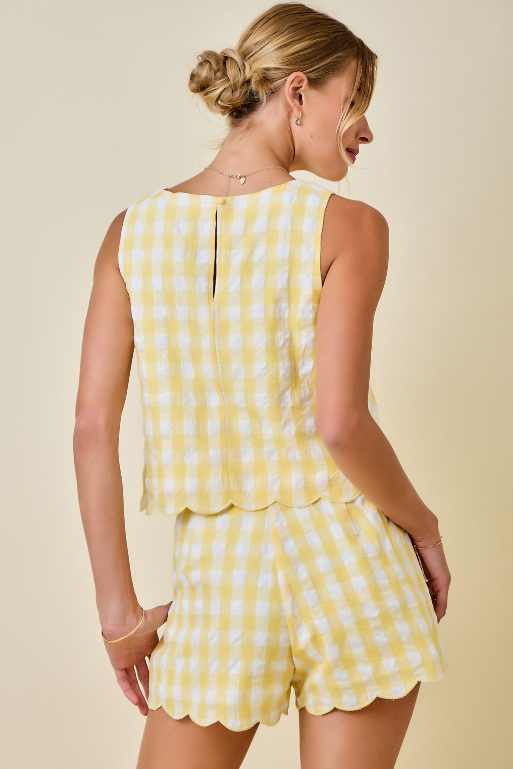 Day + Moon Women's Sleeveless Gingham Top & High-Waisted Gingham Shorts Set with Scallop Hem - Light Yellow