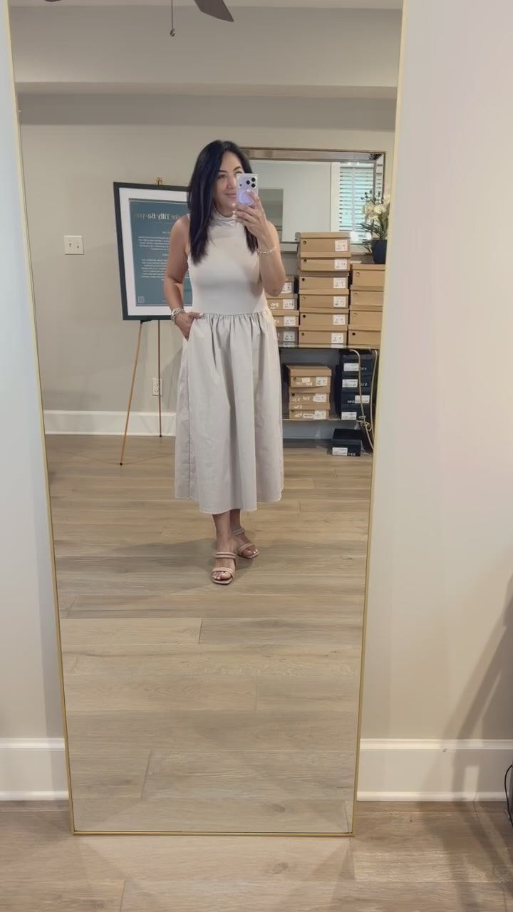 Naked Zebra Tan Sleeveless Mock Neck Midi Dress