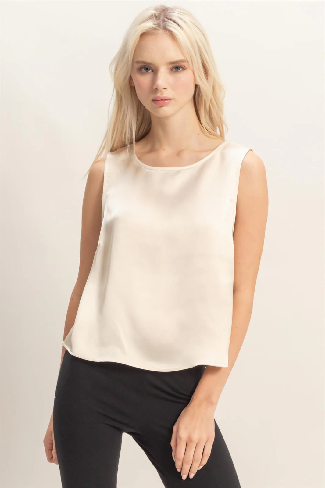 HYFYVE Satin Sleeveless Round Neck Top with Back Keyhole