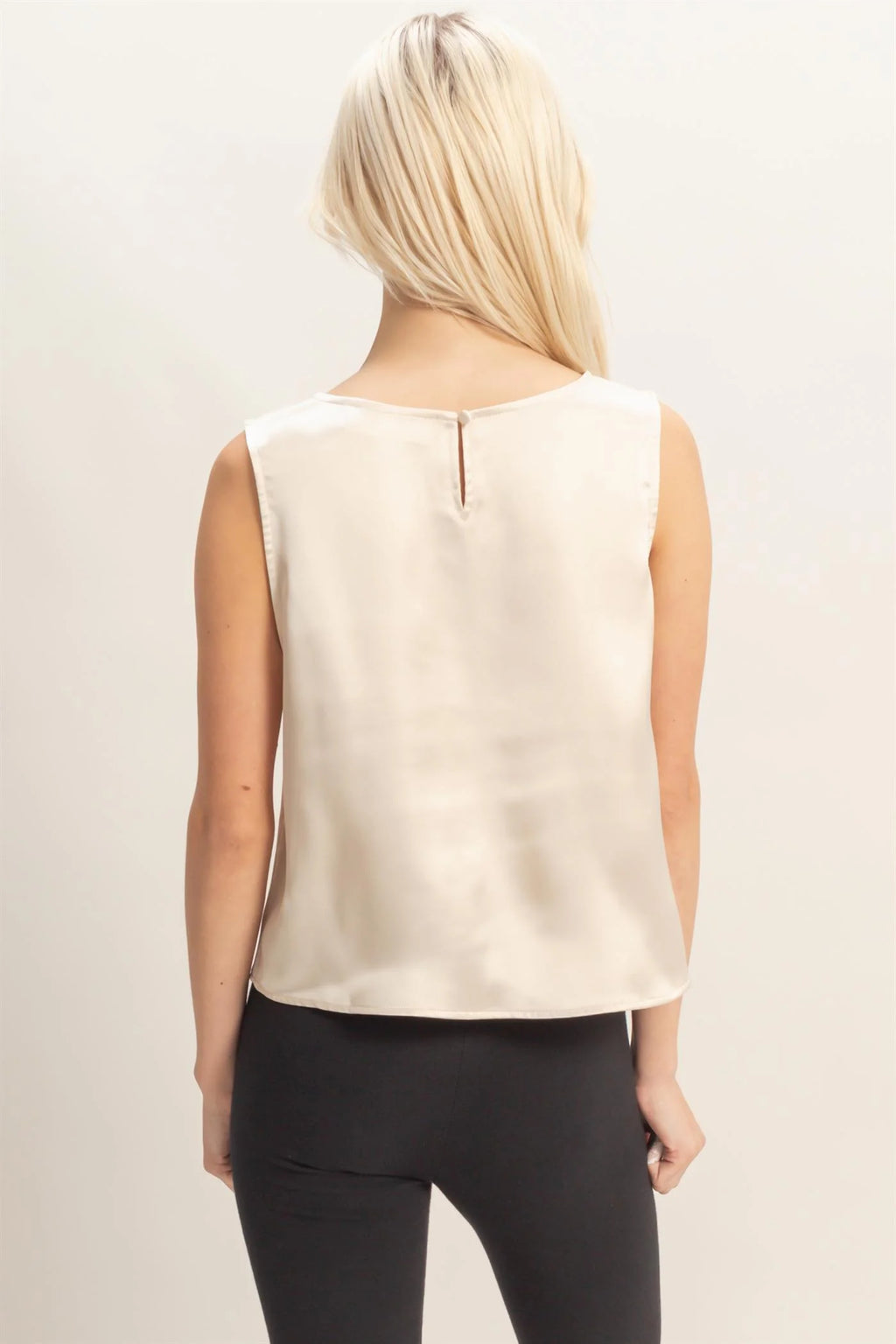 HYFYVE Satin Sleeveless Round Neck Top with Back Keyhole