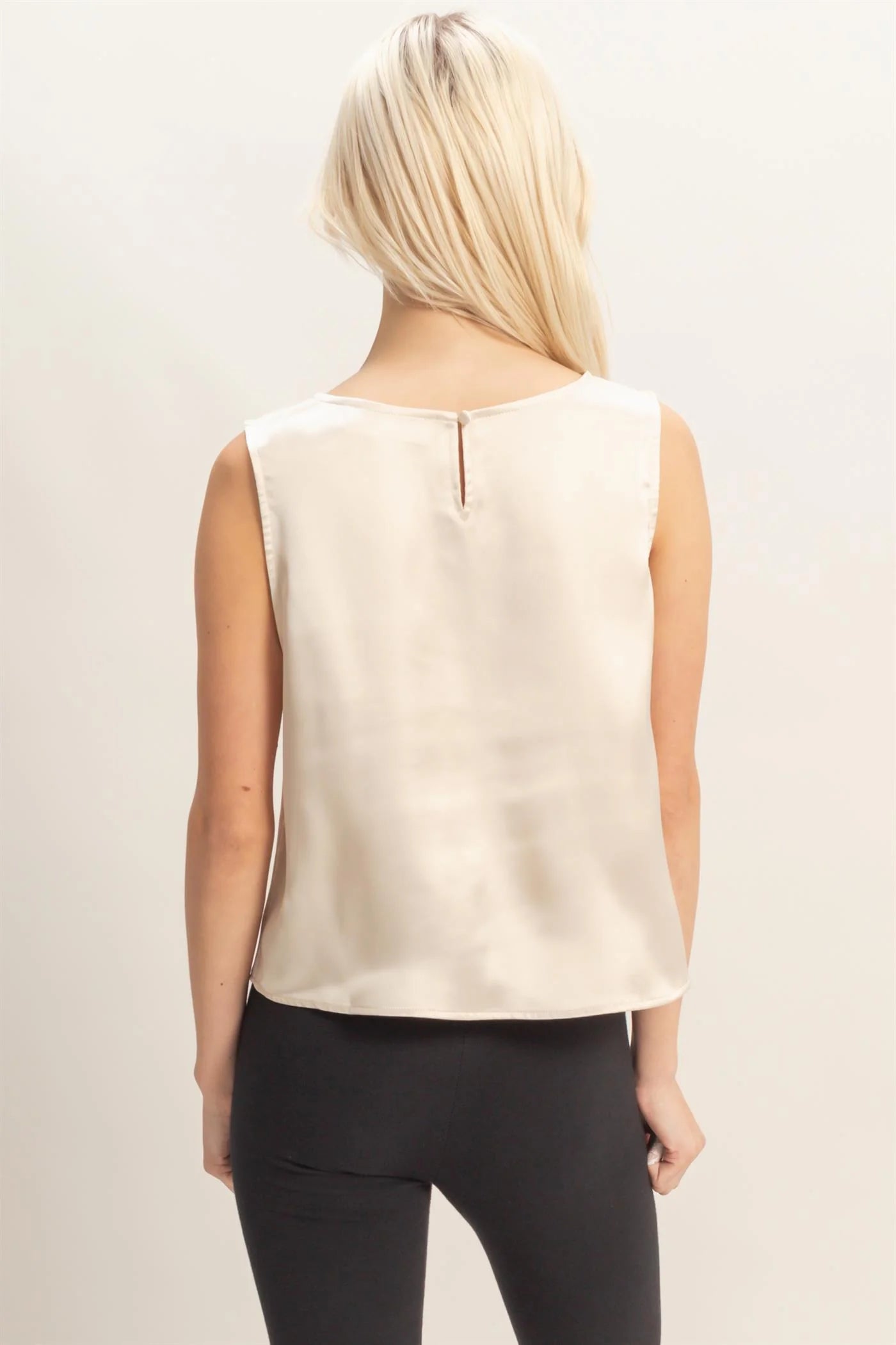 HYFYVE Satin Sleeveless Round Neck Top with Back Keyhole